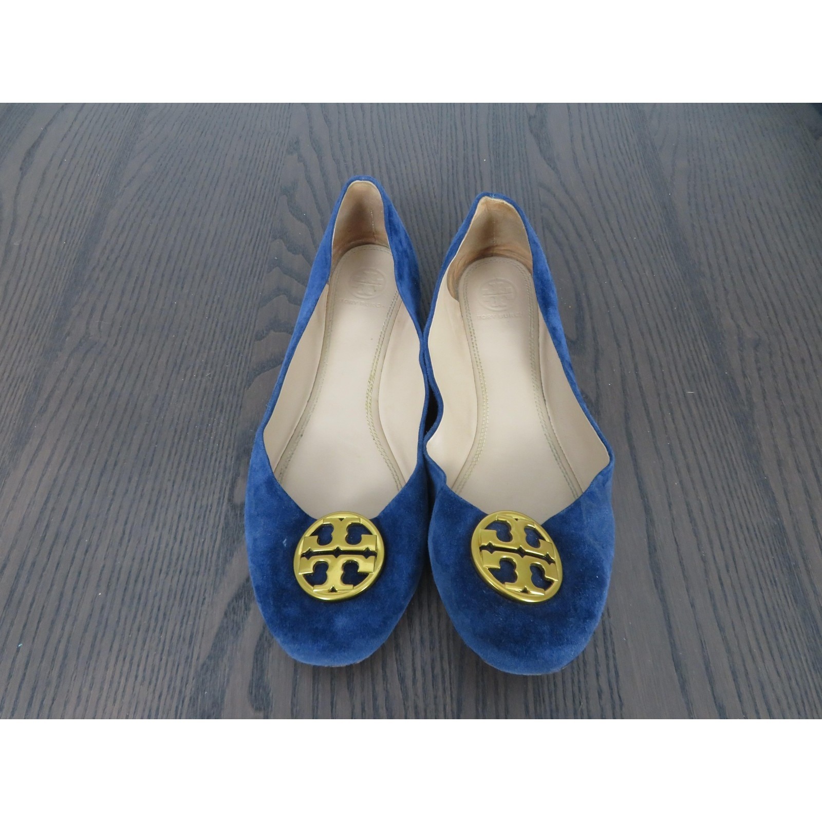 Tory Burch Ballet Flats Shoes Womens 8.5 Blue Suede Logo Round Toe Comfort